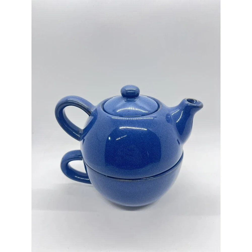 Blue PIER 1 Stoneware Teapot W/Mug Set ~ Stackable 3 Piece Set